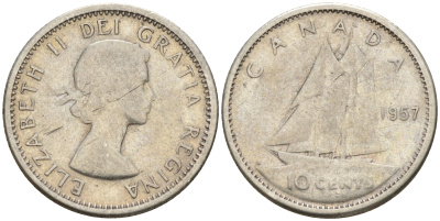 Канада 10 центов 1957 Елизавета II (1952-2022), парусник KM 51 серебро        4147-339