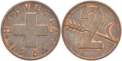 Швейцария 2 раппена 1969 KM 47 бронза 4523-1257