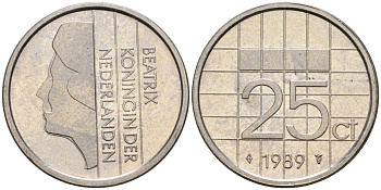 Нидерланды 25 центов 1989 Беатрикс (1980-2013) KM 204 никель UNC 4588-913