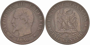 Франция 5 сантимов 1856 BB, Наполеон III (1852-1870) KM 777.3, LE FRANC 116.32 бронза 108-425