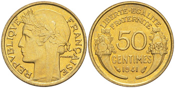 ФРАНЦИЯ 50 САНТИМОВ 1941 ТИП MORLON KM 894.1, LE FRANC 192.18 алюминиевая бронза 44-454