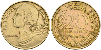 Франция 20 сантимов 1964 тип Марианна KM 930 медь алюминий никель 4116-514