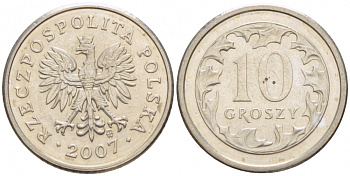 ПОЛЬША 10 ГРОШЕЙ 2007 MW KM 279 медно-никель UNC 4516-1223