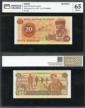 Ангола 20 кванза 1976 Антонио Агостиньо Нето, солдаты, specimen, в слабе Premium Grading, 65 UNC Pick 109 s  бумага  UNC (пресс) 452-3-22