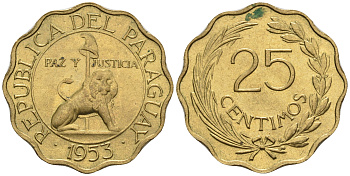 Парагвай 25 сентимо 1953 лев, фригийский колпак на шесте KM 27 алюминиевая бронза  aUNC  4177-532
