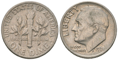 США 1 дайм = 10 центов 1968 KM 195a медь плакированная медно-никелем 4580-769