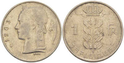 Бельгия 1 франк 1963 Belgique, Бодуэн I (1951-1993) KM 142.1 медно-никель 202-1022