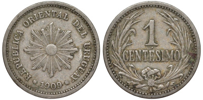 Уругвай 1 сентесимо 1909 KM 19 медно-никель 4169-612