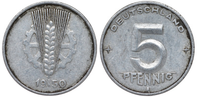 ГДР 5 ПФЕННИГОВ 1950 А алюминий 62-1134