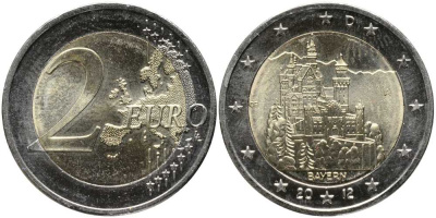 ГЕРМАНИЯ 2 ЕВРО 2012 D, БАВАРИЯ, ЗАМОК НОЙШВАНШТАЙН, СЕРИЯ ФЕДЕРАЛЬНЫЕ ЗЕМЛИ ГЕРМАНИИ KM 305 биметалл UNC 115-1124