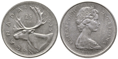 КАНАДА 25 ЦЕНТОВ 1975 ОЛЕНЬ, ЕЛИЗАВЕТА II KM 62b никель 4364-2024