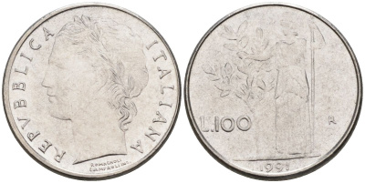 Италия 100 лир 1991 R, Афина в доспехах KM 96.2 нержавеющая сталь 4549-826