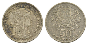 Португалия 50 сентаво 1966 голова Свободы вправо KM 577 никель латунь 4388-254
