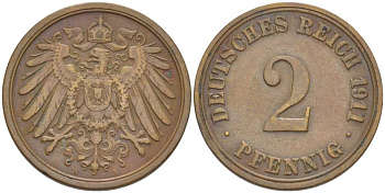 ГЕРМАНИЯ 2 ПФЕННИГА 1911 A KM 16, J. 11, Weege 4 медь 206-561