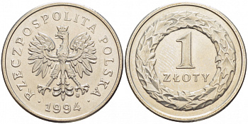Польша 1 злотый 1994 MW KM 282 медно-никель UNC 4523-1023