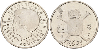 Нидерланды 1 гульден 2001 прощай гульден, детский рисунок, лев с флагом в руках KM 223 никель 4175-254