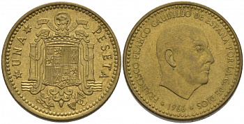 Испания 1 песета 1966 (74) Франсиско Франко (1939-1975) KM 796 алюминиевая бронза 3457-717