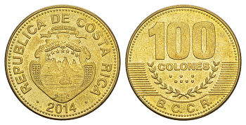 Коста-Рика 100 колонов 2014 KM 240a сталь плакированная латунью UNC 4642-957