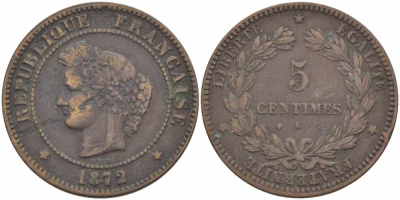 ФРАНЦИЯ 5 САНТИМОВ 1872 K, ТРЕТЬЯ РЕСПУБЛИКА (1871-1940) KM 821.2, LE FRANC 118.7 бронза 108-715