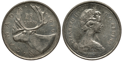 КАНАДА 25 ЦЕНТОВ 1979 ОЛЕНЬ, ЕЛИЗАВЕТА II (1952-) KM 74 никель VF 4182-531