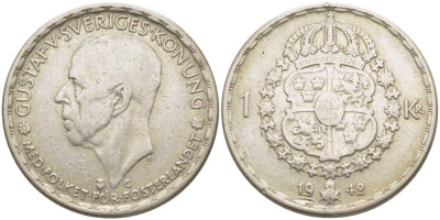 Швеция 1 крона 1942 G, Густав V (1907-1950) KM 814 серебро 119-1114