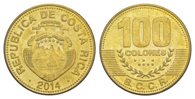 Коста-Рика 100 колонов 2014 KM 240a сталь плакированная латунью UNC 4642-957