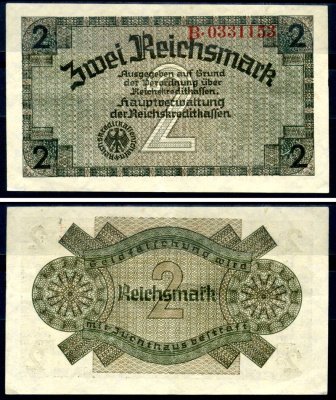 Германия 2 рейхсмарки ND (1940-1945) 7 цифр в номере серии, серия B, для оккупированых территорий, вторая мировая война Pick R137 a, Rosenberg 552 a бумага 7376-36-3-1