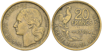 ФРАНЦИЯ 20 ФРАНКОВ 1950 В, 4 ПЕРА KM 917.2, LE FRANC 402.4 алюминиевая бронза 4556-155