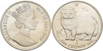Остров Мэн 1 крона 1989 персидская кошка КМ 250 медно-никель UNC 73-735