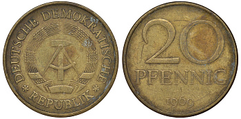 ГДР 20 пфеннигов 1969 А, первый год KM 11 латунь 62-1026