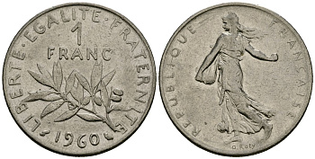 Франция 1 франк 1960 сеятель KM 925 никель 4135-747
