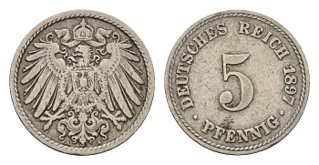 Германия 5 пфеннигов 1897 A, Вильгельм II (1888-1918) KM 11, J. 12 медно-никель 4632-1063