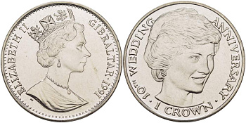 Гибралтар 1 крона 1991 10 лет королевской свадьбы, принцесса Диана KM 85 медно-никель UNC 4527-335