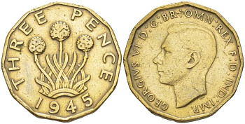 Великобритания 3 пенса 1945 Георг VI (1936-1952) KM 849, Spink 4112 никель латунь 212-812