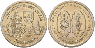 Португалия 200 эскудо 1996 Альянс Португалии и Сиама 1512 года KM 689 медно-никель UNC 4677-213