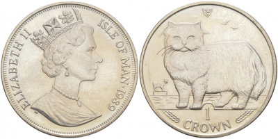 Остров Мэн 1 крона 1989 персидская кошка КМ 250 медно-никель UNC 73-735