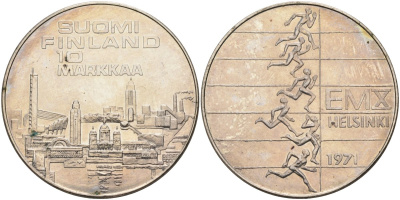 Финляндия 10 марок 1971 S-H, X Чемпионат Европы по легкой атлетике KM 52 серебро UNC 1517-1134