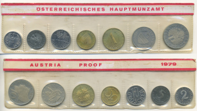 Австрия набор из 7 монет  1979  2, 5, 10, 50 грошей, 1, 5, 10 шиллингов, в целлофане KM PS 39 PROOF 4399-9-1