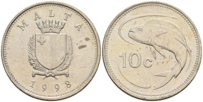 Мальта 10 центов 1998 золотая макрель KM 96 медно-никель 4588-258