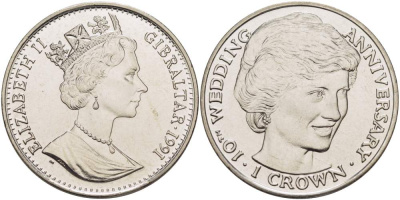 Гибралтар 1 крона 1991 10 лет королевской свадьбы, принцесса Диана KM 85 медно-никель UNC 4527-335