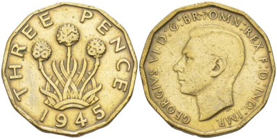 Великобритания 3 пенса 1945 Георг VI (1936-1952) KM 849, Spink 4112 никель латунь 212-812