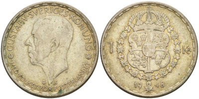Швеция 1 крона 1946 TS, Густав V (1907-1950) KM 814 серебро 3457-421
