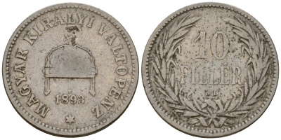 Венгрия 10 филлеров 1893 KB, Франц Иосиф I (1848-1916) KM 482 никель 4602-321