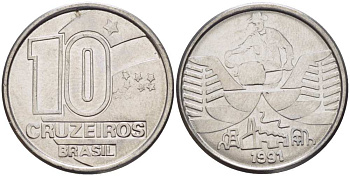 Бразилия 10 крузейро 1990 золотодобыча KM 619.1 нержавеющая сталь 4179-723
