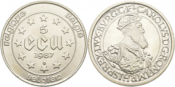 Бельгия 5 экю 1987 30 лет Римскому договору, Карл V Габсбург (1500-1558) KM 166 серебро UNC 11-038-21