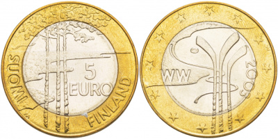 ФИНЛЯНДИЯ 5 ЕВРО 2003 ЧЕМПИОНАТ МИРА ПО ХОККЕЮ KM 111 биметалл UNC 05-140-34
