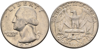 США 25 центов (квотер) 1971 D, Вашингтон KM 164a медь плакированная медно-никелем 4584-957