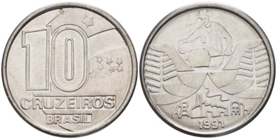 Бразилия 10 крузейро 1990 золотодобыча KM 619.1 нержавеющая сталь 4179-723