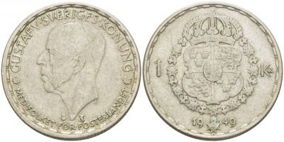 Швеция 1 крона 1949 TS, Густав VI Адольф (1950-1973) KM 814 серебро 175-1122
