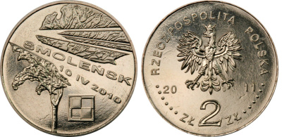 Польша 2 злотых 2011 MW, авиакатастрофа президентского самолета в Смоленске 10.IV.2010 KM 769 нордик UNC 4511-1123